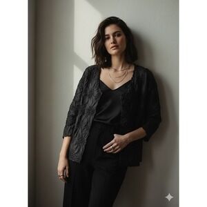Origami Magic Scarf Black Popcorn Floral‎ Pleated Top XL-3X Magic Woman V-Neck